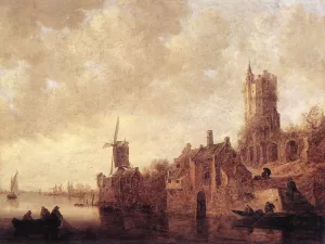River Landscape with a Windmill and a Ruined Castle Oil painting by Jan Van Goyen