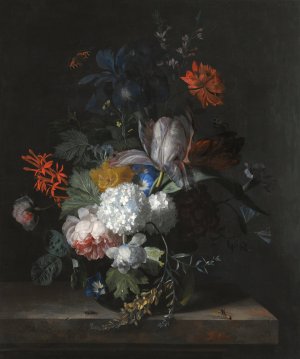 A Still Life With Hydrangea, Convolvulus, Polyanthus, Peonies, Auricula, Carnation, Tulips, Snowballs And Other Flowers In A Glass Vase by Jan Van Huysum Oil Painting