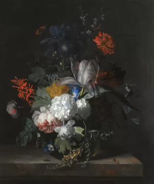 A Still Life With Hydrangea, Convolvulus, Polyanthus, Peonies, Auricula, Carnation, Tulips, Snowballs And Other Flowers In A Glass Vase by Jan Van Huysum Oil Painting