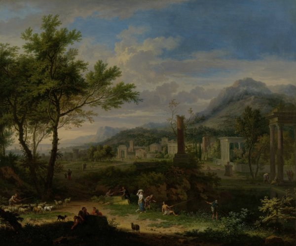 Arcadian Landscape with Fishermen  by Jan Van Huysum - Hand-Painted Oil Painting Reproduction