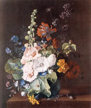 Hollyhocks and Other Flowers in a Vase by Jan Van Huysum - Oil Painting Reproduction