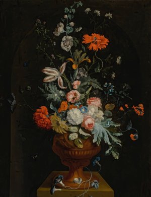 Still Life Of Flowers In A Terracotta Vase Before A Stone Niche by Jan Van Huysum Oil Painting
