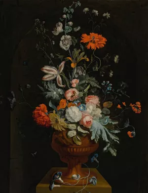 Still Life Of Flowers In A Terracotta Vase Before A Stone Niche by Jan Van Huysum Oil Painting