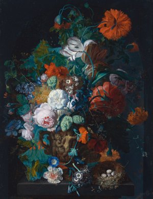 Still Life Of Roses, Tulips, Peonies And Other Flowers In A Sculpted Stone Vase, Together With A Bird's Nest On A Stone Pedestal Before A Niche by Jan Van Huysum Oil Painting