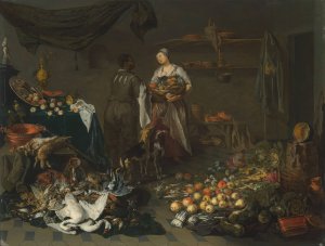 A kitchen interior with a maid and a servant conversing by Jan Van Kessel The Elder Oil Painting