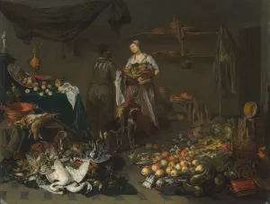 A kitchen interior with a maid and a servant conversing by Jan Van Kessel The Elder Oil Painting