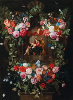 A wreath of flowers surrounding a cartouche with the Holy Family and putti by Jan Van Kessel The Elder Oil Painting
