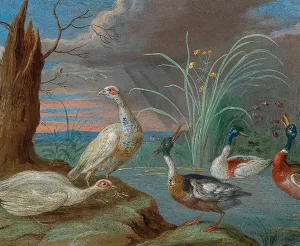 Ducks and other birds near a pond by Jan Van Kessel The Elder Oil Painting