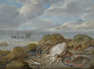 Still Life With Cuttle Fish, Plaice, Cod, Mussels And Other Fish On A Dune, A Church Across A River Estuary Beyond by Jan Van Kessel The Elder Oil Painting