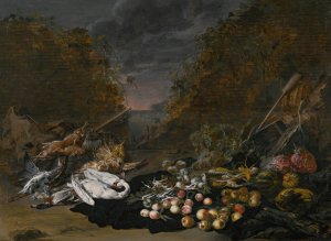 A still life of a swan and other birds, with rabbits, fruit and vegetables and a landscape beyond by Jan Van Kessel The Younger Oil Painting