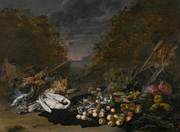 Main Product Photo of A still life of a swan and other birds, with rabbits, fruit and vegetables and a landscape beyond Painting by Jan Van Kessel The Younger