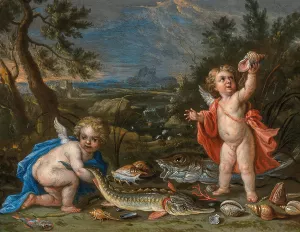 Two putti with fish and seafood by Jan Van Kessel The Younger Oil Painting