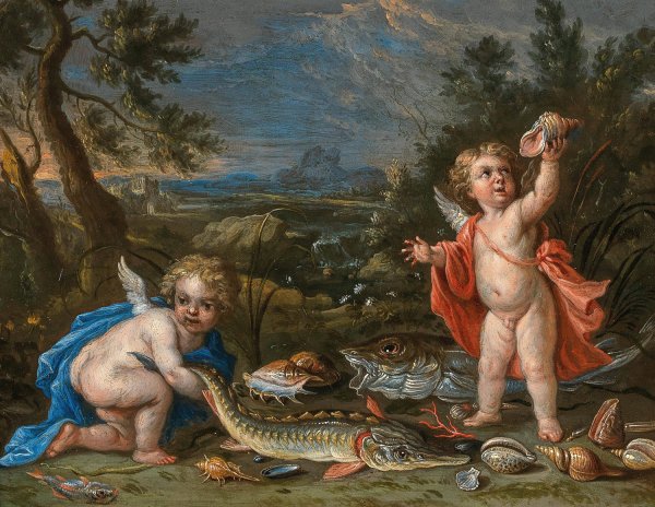 Main Product Photo of Two putti with fish and seafood Painting by Jan Van Kessel The Younger