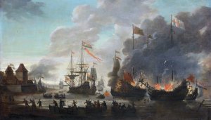 The Dutch Burning English Ships during the Dutch Raid on the Medway, 20 June 1667 by Jan Van Leyden Oil Painting