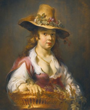 A Girl With A Basket Of Fruit by Jan Van Noordt Oil Painting