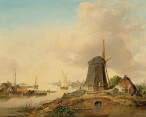 A river landscape with a windmill by Jan Van Os Oil Painting