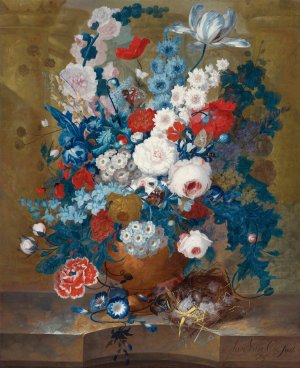 Flower Still Life With A Birds'Nest On A Ledge by Jan Van Os Oil Painting