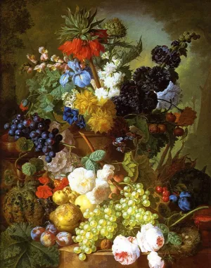Still Life of Flowers, Fruit and Bird's Nest on a Marble Ledge by Jan Van Os - Oil Painting Reproduction