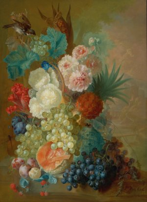 Still Life Of Peonies, A Cock's Comb And Morning Glories With A Pineapple, Ear Of Corn, Melons, Grapes, Plums And Raspberries by Jan Van Os Oil Painting