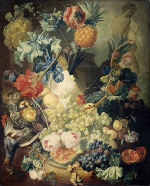 Still Life with Flowers, Fruit and Birds by Jan Van Os Oil Painting