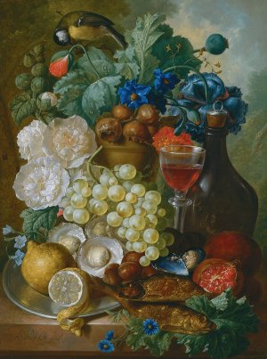 Still Life With Fruit And Flowers, Together With Oysters, Mussels, A Glass Of Wine, A Decanter And Other Objects On A Stone Ledge by Jan Van Os Oil Painting