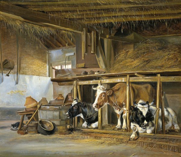 Cows in a Stable  by Jan Van Ravenswaay - Hand-Painted Oil Painting Reproduction