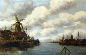 Harbour with Windmill by Jan Van Vlaardingen Couver - Oil Painting Reproduction