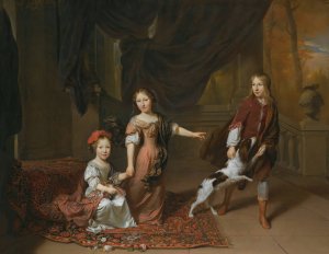 A Portrait Of Two Sisters And Their Brother Playing With A Dog by Jan Verkolje Oil Painting