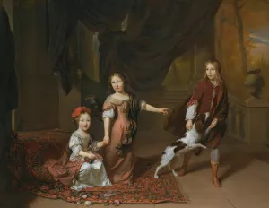 A Portrait Of Two Sisters And Their Brother Playing With A Dog by Jan Verkolje Oil Painting