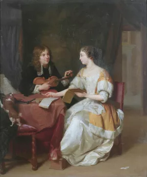 An Elegant Couple Making Music In An Interior by Jan Verkolje Oil Painting