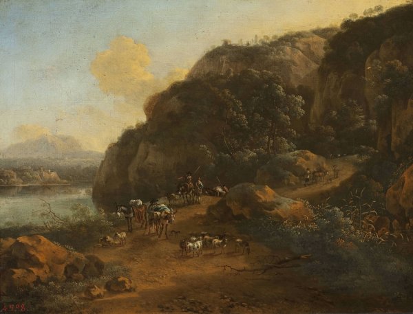 Main Product Photo of Mountain landscape with travellers  Painting by Jan Vermeer Van Haarlem