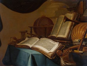 Still Life with Books, a Globe and Musical Instruments by Jan Vermeulen Oil Painting