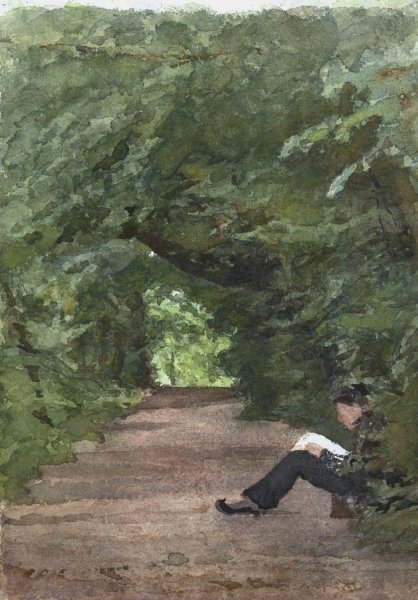 Main Product Photo of Lezende man in boslaan  Painting by Jan Veth