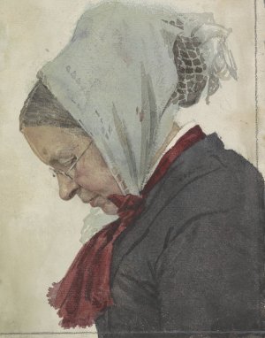 Oude vrouw met hoofddoek en rode sjaal by Jan Veth Oil Painting