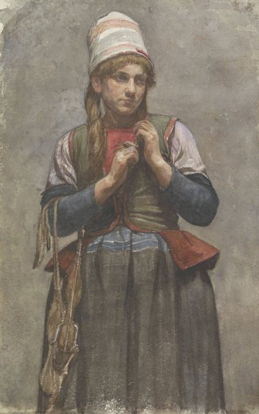 Main Product Photo of Staand meisje in klederdracht met schaatsen  Painting by Jan Veth