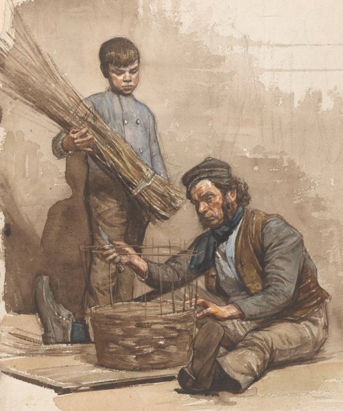 Main Product Photo of Zittende mandenvlechter met staand jongetje  Painting by Jan Veth