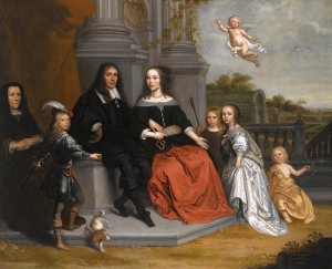 A Portrait Of A Family Within A Formal Garden Setting, The Husband And Wife Seated Beneath Two Fluted Pillars by Jan Victors Oil Painting