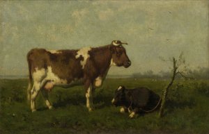 A Cow with her Calf in a Meadow by Jan Vrolijk Oil Painting