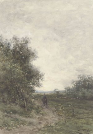 Landschap met een ruiter en een kudde schapen met herder by Jan Vrolijk Oil Painting