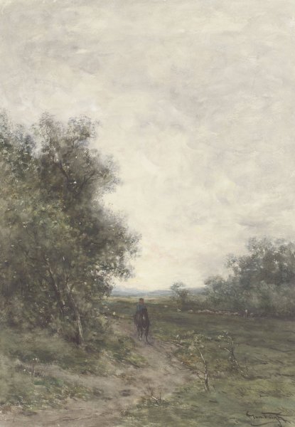 Main Product Photo of Landschap met een ruiter en een kudde schapen met herder  Painting by Jan Vrolijk