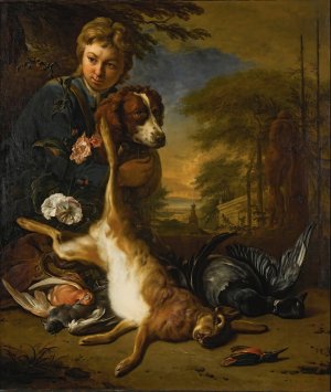 A Boy And A Dog With A Still Life Of Game, In A Park Landscape by Jan Weenix Oil Painting