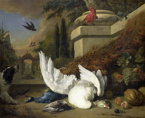 Main Product Photo of A Dog with a dead Goose and Peacock  Painting by Jan Weenix