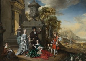 A Family Portrait On The Grounds Of A Villa With An Italianate Harbor Scene Beyond by Jan Weenix Oil Painting