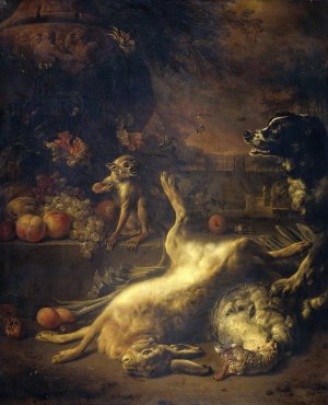 A Monkey and a Dog with Dead Game and Fruit by Jan Weenix Oil Painting
