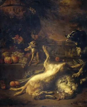 A Monkey and a Dog with Dead Game and Fruit by Jan Weenix Oil Painting