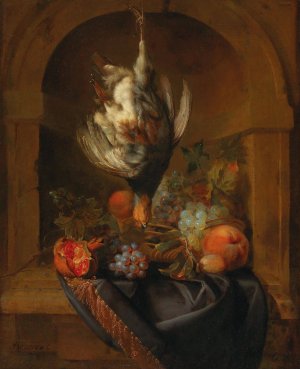 A partridge and fruit in a partially draped niche by Jan Weenix Oil Painting