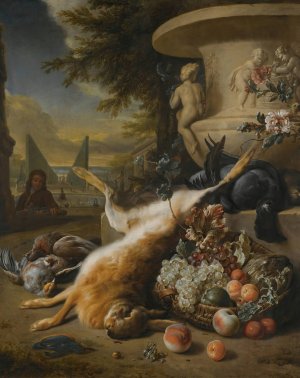 A Still Life Of Game Birds, Grouse, A Hare And A Kingfisher, With A Basket Of Fruit At The Foot Of A Stone Urn, An Ornamental Garden With A Fountain Beyond by Jan Weenix Oil Painting