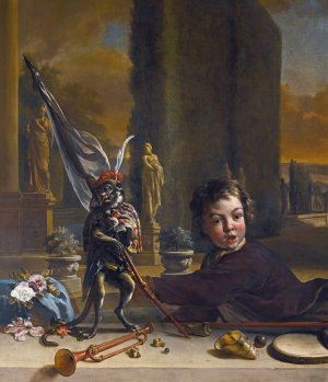 A Trompe L'oeil with A Boy And A Monkey, A Formal Italianate Garden Beyond by Jan Weenix Oil Painting