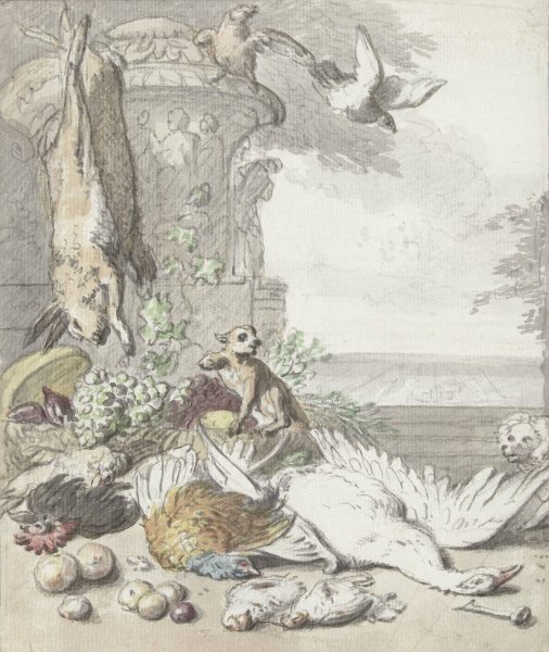 Main Product Photo of Dood wild, een aap, een hond en enige vogels  Painting by Jan Weenix