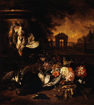 Fleurs et gibier mort devant un paysage by Jan Weenix Oil Painting